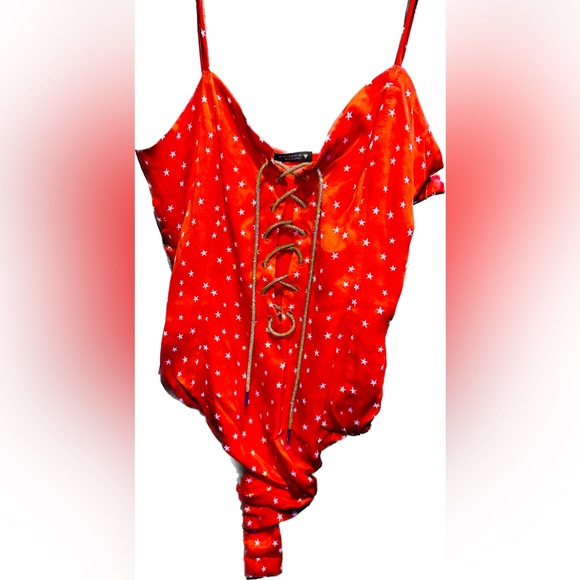 ZARA red bodysuit w/ stars + rhinestone covered cord Small NWOT - Picture 7 of 7